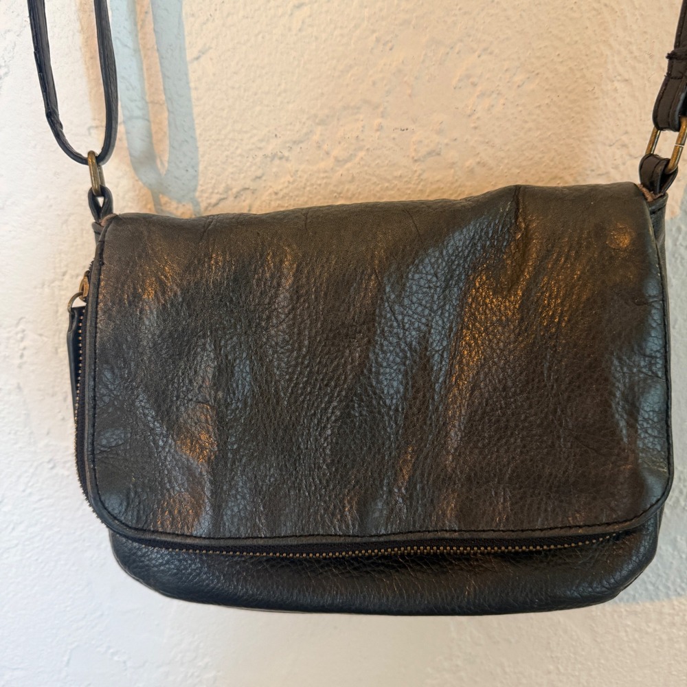 Margot Black Pebbled Leather Foldover Crossbody Bag Brass Hardware
